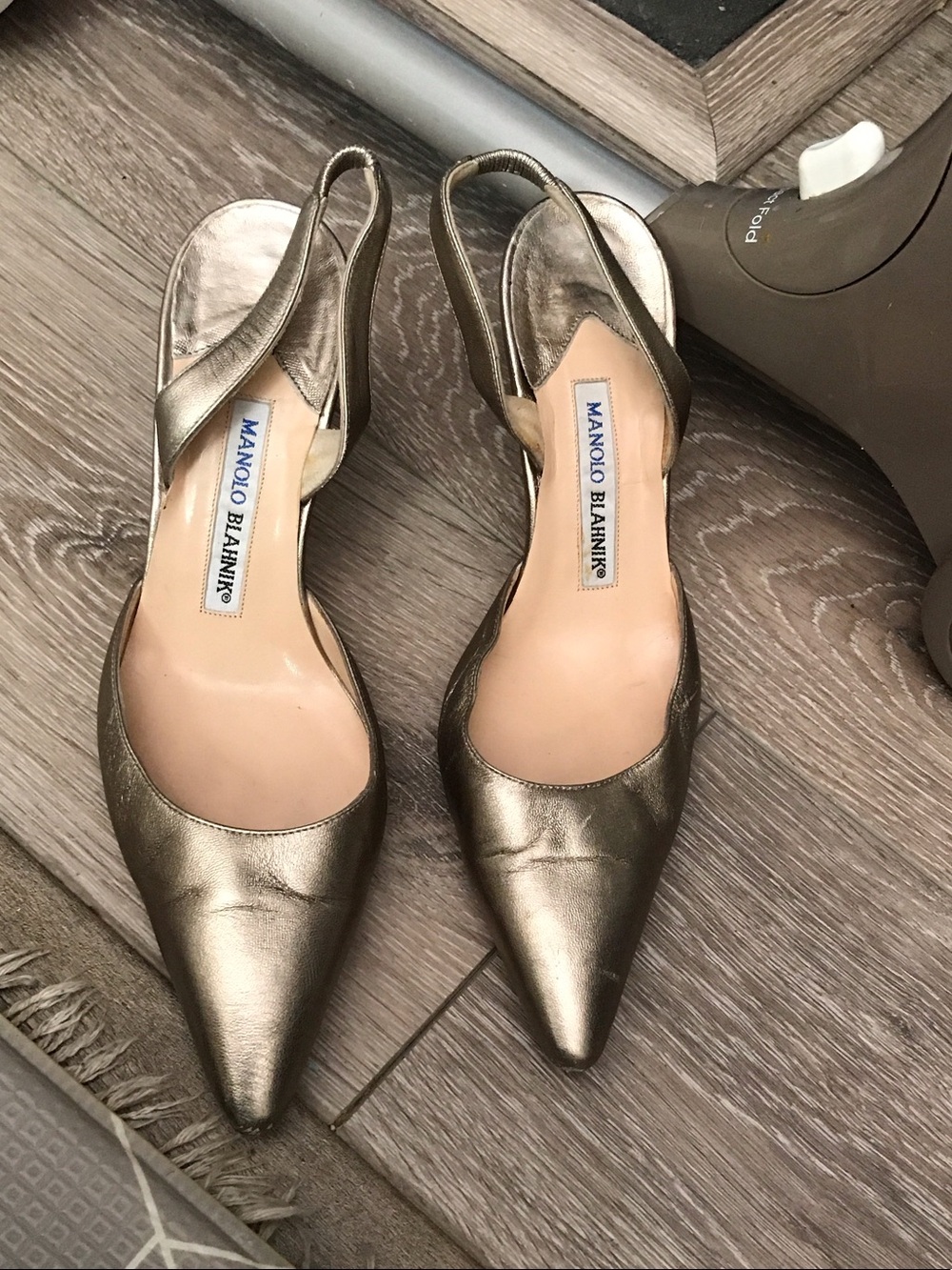 Manolo Blahnik Metallic Bronze Pointed Toe Slingback Pumps